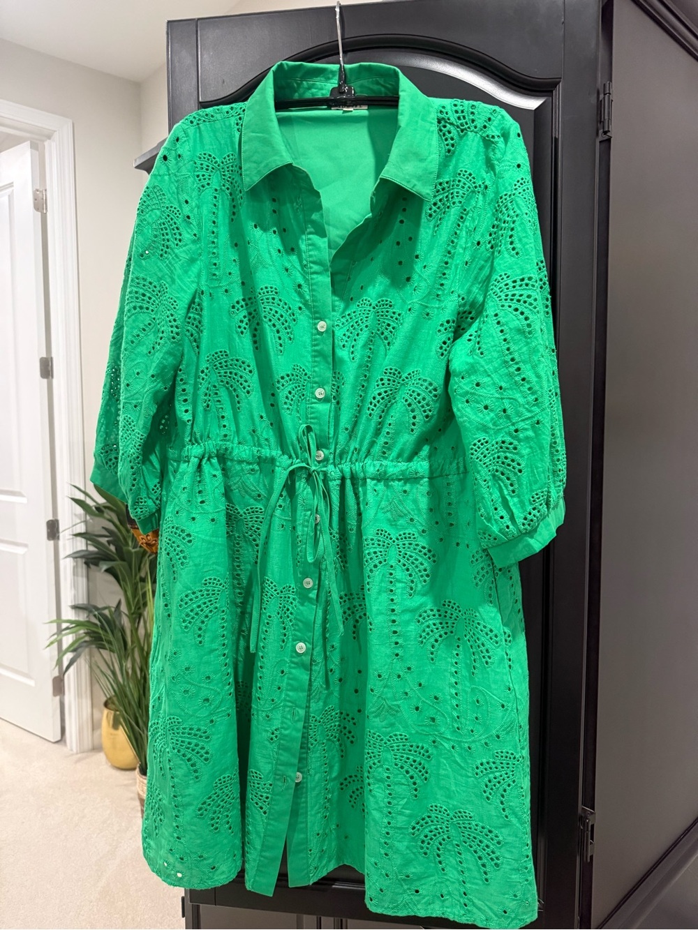 JODIFL Bright Green Eyelet Midi Shirt Dress